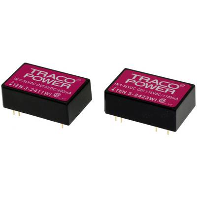 Two black TRACO POWER modules with red labels. One provides 5VDC at 400mA, the other 15VDC at 100mA.