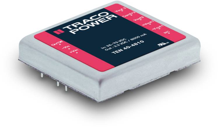 'TRACO POWER' chip with red and black labels, showing input and output voltage values, model 'TEN 40-4810'.