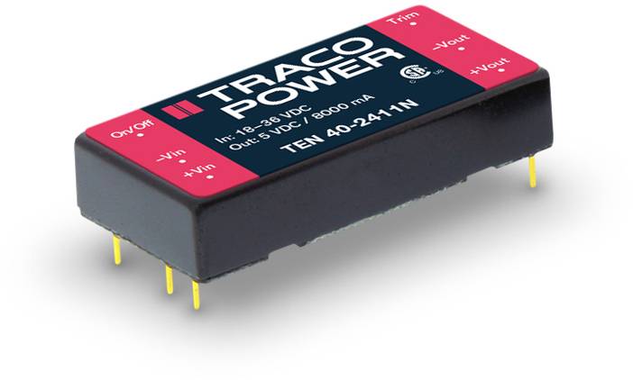 Electronic voltage converter with the label 'TRACO POWER', showing input and output voltage and current strength.