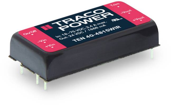'Traco Power' DC-DC converter module, black with red label. Label inscription shows technical specifications, model number TEN 40-4815WIR.