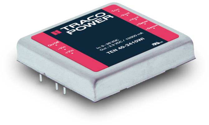 A rectangular voltage converter with the inscription 'TRACO POWER', model number 'TEN 40-2410WI', with pins at the underside.