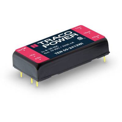 Voltage converter 'TRACO POWER TEN 50-2413WI' with input range 9-36 VDC and output 15 VDC. Compact design with yellow pins.