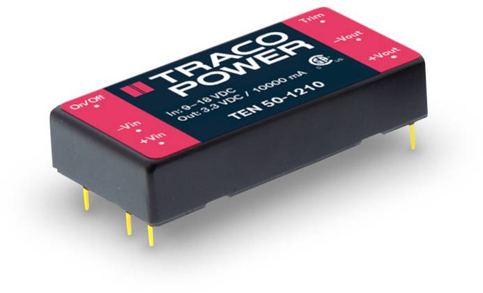 Pictured is a TRACO Power module TEN 50-1210 with inputs and outputs for voltage regulation, specifications printed on the label.