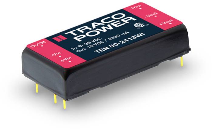 'Traco Power' DC-DC converter with adjustable voltage, Model TEN 50-2413WI, Input 9-36 VDC, Output 15 VDC, 3330 mA.