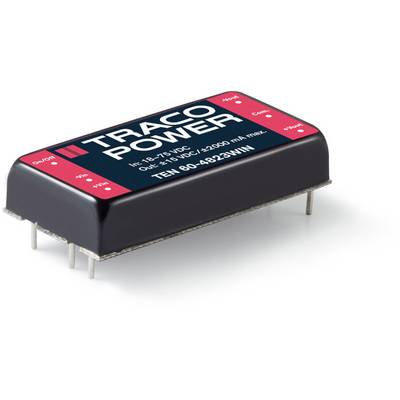 A black and red voltage converter from Traco Power with model number TEN 80-4823WIN. Input: 8-75 VDC, Output: 23 VDC, 3500 mA max.