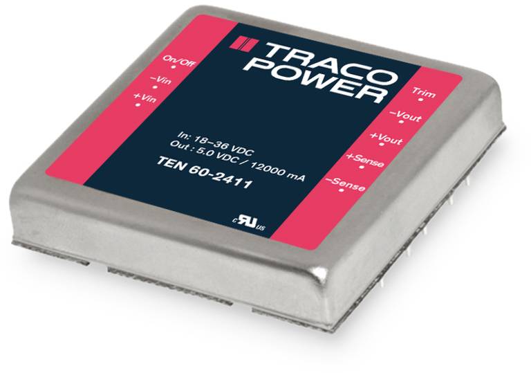 A rectangular metal enclosure of a DC/DC converter by Traco Power, model TEN 60-2411, with technical specifications.