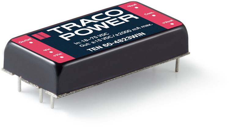 A black Traco Power module with four pins. Inscription: 'Input: 8-75 VDC, Output: 15 VDC/22300 mA max.' Model: TEN 80-4823WIN.