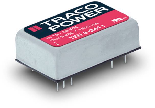 'DC/DC converter by TRACO POWER, Model TEN 8-2411, Input: 18-36 VDC, Output: 5 VDC/1500 mA, suitable for electronic applications.'