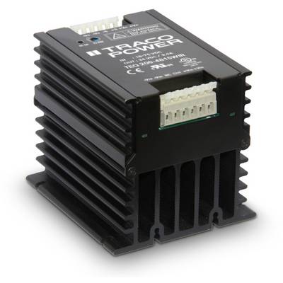 A black Traco Power power supply with heat sinks and multiple connections on the top surface, suitable for industrial applications.