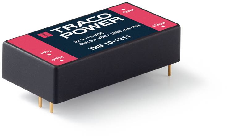 DC-DC converter 'THB 10-1211' from TRACO POWER, showing input and output connections along with basic technical specifications.