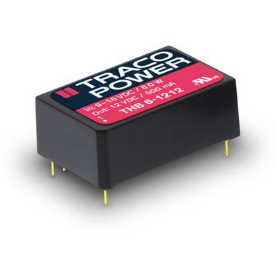 A black electronic component with the printed text 'TRACO POWER', specifications for input and output voltage and current.