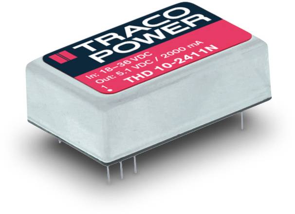 Small electronic component with the inscription 'TRACO POWER'. Suitable for input and output voltages of 18-36 VDC and 5.1 VDC.