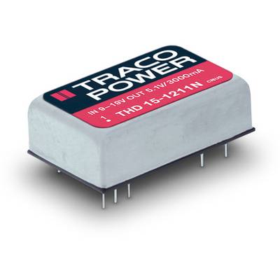 A rectangular transformer with the label 'Traco Power', input 9-18V, output 5.1V/3000mA, model THD 15-1211N.
