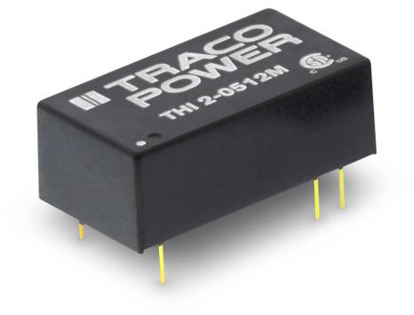 Compact, black voltage converter 'TRACO POWER THI 2-0512M' with four yellow connection pins, suitable for electronic applications.