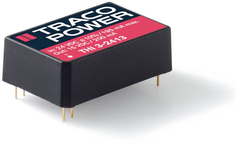 Traco Power THI 3-2413 voltage converter module with a black housing and red label. Mounting pins visible.