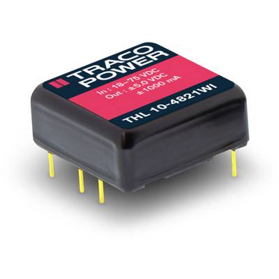 Black electronic circuit board with yellow pins, labelled 'TRACO POWER', input 18-75 VDC, output ±50 VDC, ±1000 mA.