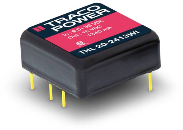 'Black, rectangular voltage converter from TRACO POWER with yellow pins. Labelled with input and output voltage.'
