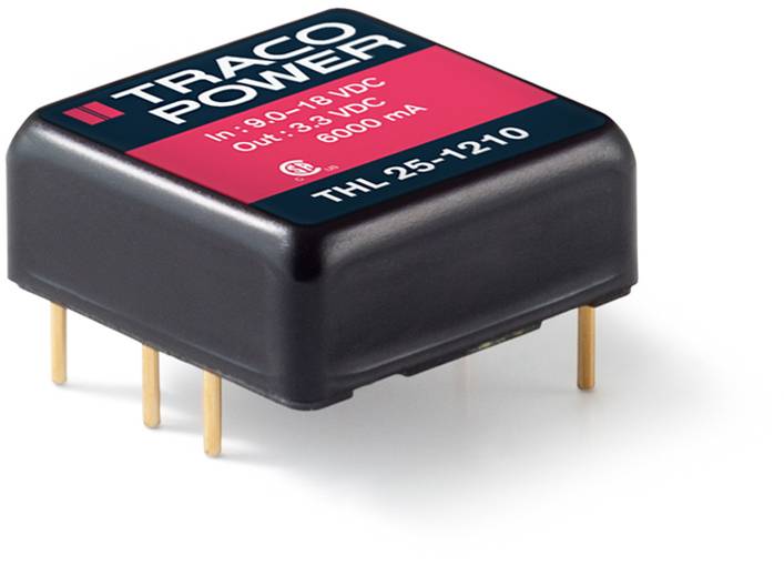A black, square voltage converter with red and white labelling: 'TRACO POWER', input 9-18 VDC, output 3.3 VDC, 6000 mA.