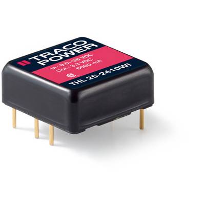 Black electronic component by Traco Power, model number 'THL 25-2410WI', input 9-36 VDC, output 3.3 VDC, 6000 mA.