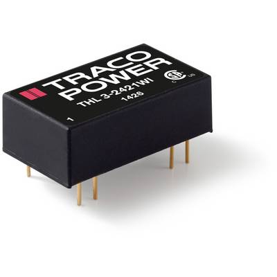 Black electronic component with the inscription 'TRACO POWER THL 3-2421WI', with four golden pins on the underside.