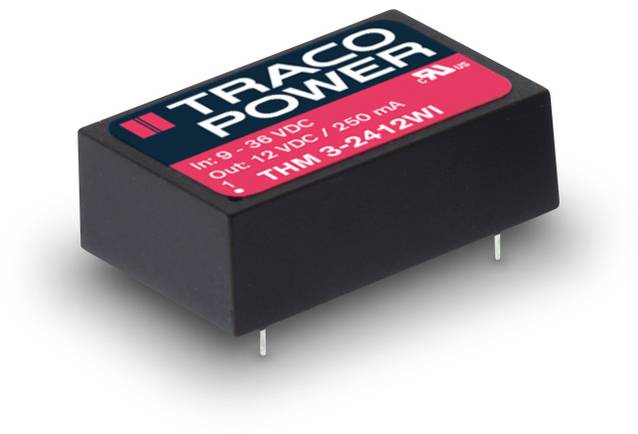 Rectangular electronic component with 'TRACO POWER' printed on it, featuring input and output data, with connection pins at the bottom.