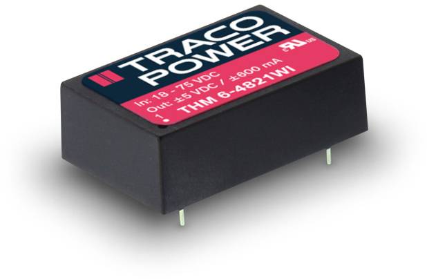 'Rectangular Traco Power module, black with red label, delivers 6 watts of power, input 18–75 V, output ±15 V at ±200 mA.'