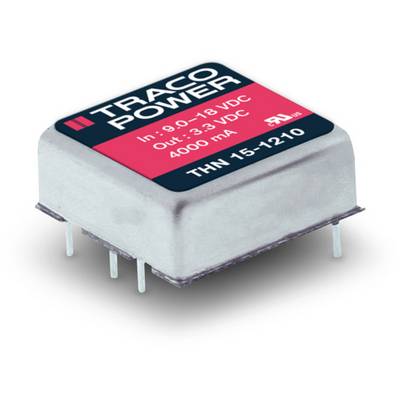 A rectangular metal component with 'Traco Power' label, input and output voltage: 9-18 VDC in, 3.3 VDC out, 4000 mA.
