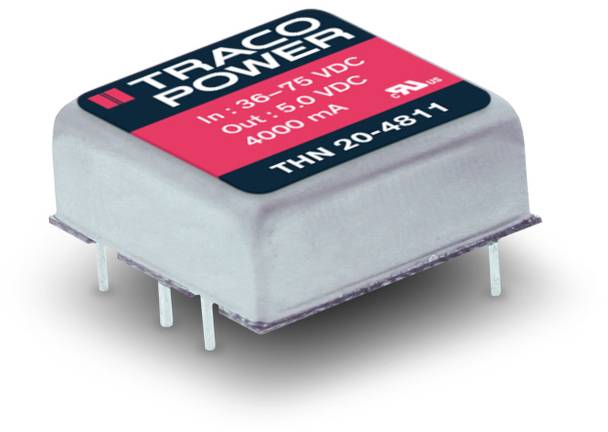 Compact voltage converter from Traco Power; Input: 36-75 VDC, Output: 5 VDC, 4000 mA, Model THN 20-4811.