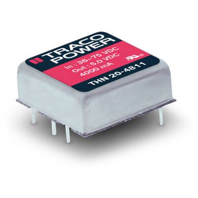 An electronic component with the inscription 'TRACO POWER' shows input and output voltage and current: 5 VDC, 4000 mA.