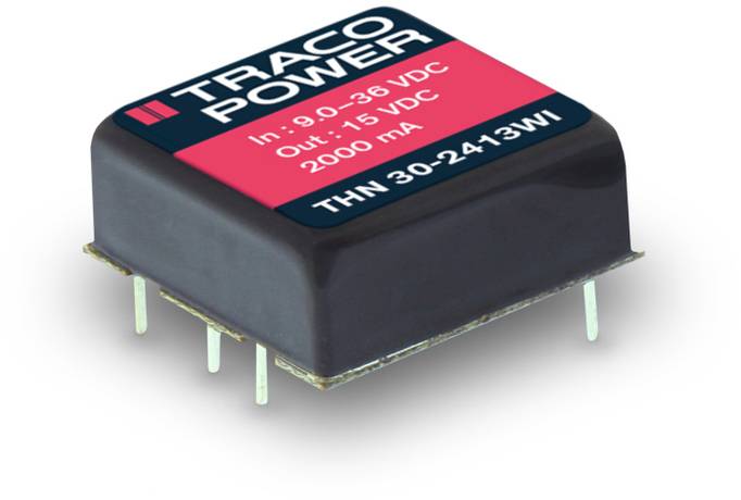 Component with inscription 'TRACO POWER In: 9.0-36 VDC Out: 15 VDC 2000 mA THN 30-2413WI', used for regulating electrical voltage.