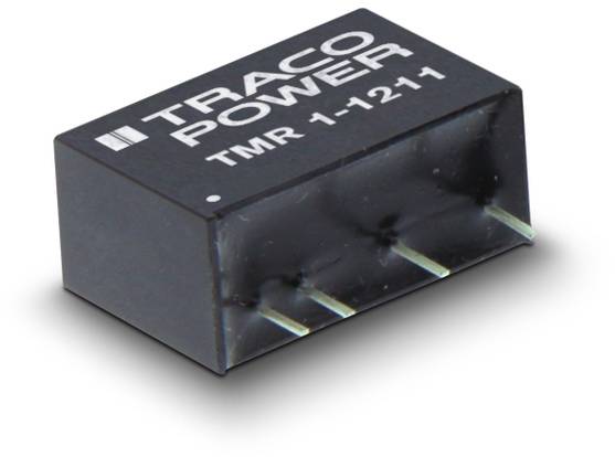 'TRACO Power TMR 1-1211' voltage converter with a rectangular housing and four pins, on a white background.