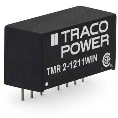 Black rectangular electronic component with white inscriptions 'TRACO POWER' and 'TMR 2-1211WIN', featuring metal pins for mounting.
