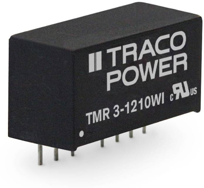 Rectangular, black Traco Power voltage converter with silver inscription 'TMR 3-1210WI', equipped with multiple metal pins.