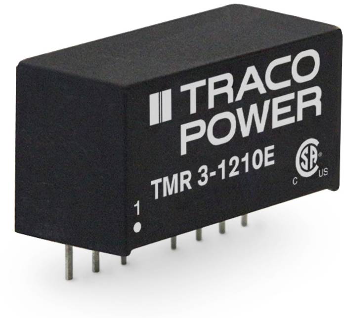 A black, rectangular electronic component with the inscription 'TRACO POWER TMR 3-1210E'. It has several metal pins on its underside.