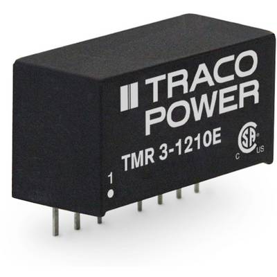 'TRACO POWER TMR 3-1210E' module, black housing, rectangular shape, showing pins at the underside for electronic applications.