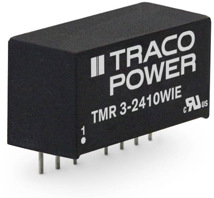 Compact black electronic component with white printed text 'TRACO POWER TMR 3-2410WIE', pins located at the underside.