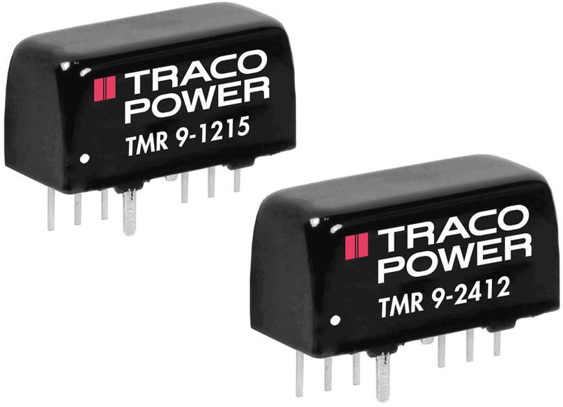 Two Traco Power voltage converters with labels 'TMR 9-1215' and 'TMR 9-2412'. Black casing, eight connection pins.