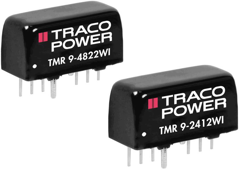'Two black TRACO POWER voltage converters with the designations TMR 9-4822WI and TMR 9-2412WI, showing their electrical connections.'