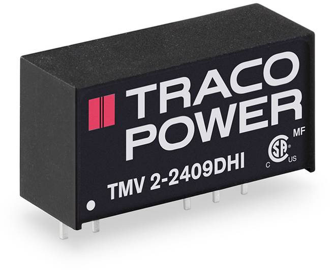 Black, rectangular Traco Power module with white inscription 'TRACO POWER', model 'TMV 2-2409DHI', pins protruding from the bottom.