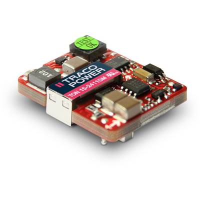 A red Traco Power module, a voltage converter, with various electronic components, including capacitors and resistors.