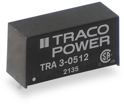 Black electronic circuit board component with the inscription 'TRACO POWER TRA 3-0512 2135' and CSA certification mark. Used for power supply.