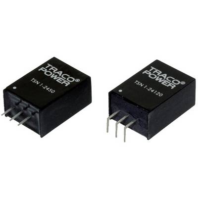 Two black electronic components with the inscription 'TRACO POWER', the one on the left with three, the one on the right with two metal pins at the underside.