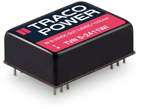 'Traco Power' voltage converter with input range 9-36V, output 5V. Rectangular, black housing with printed logo.