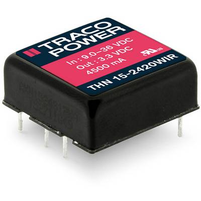 DC-DC converter from Traco Power, model number THN 15-2420WIR, shows input 9-36 VDC and output 3.3 VDC at 4500 mA.
