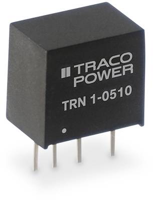 A black electronic transformer with three metal pins, reading 'TRACO POWER TRN 1-0510'.