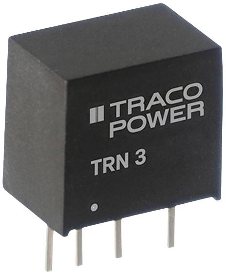 TRACO Power TRN 3-Transformer, black housing, silver labelling, four metal pins for circuit board connection.