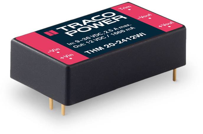 A rectangular, black power supply module from Traco Power with red and blue labels, displaying input and output voltages.