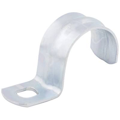 Metal pipe clip for securing pipes or cables to surfaces, curved design, single fixing hole.