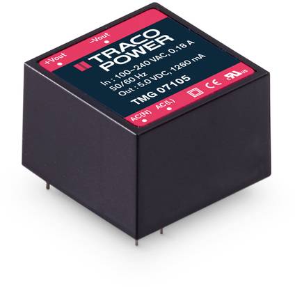 Electronic component with inscription 'TRACO POWER' and specifications: 100-240VAC, 0.18A, 50/60Hz, 5VDC, 1.25A. Model TMG 01105.