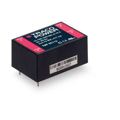 The image shows a black transformer by Traco Power with technical specifications on the label, including input voltage and output power.
